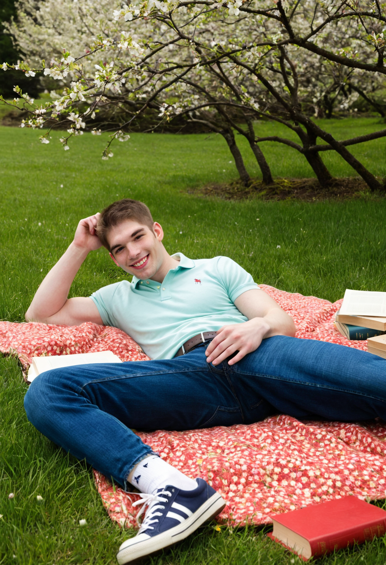 aidenperson, male focus, pale skin, <lora:aiden_twink_sdxl_v1-000010:1>  lying on red blanket on a grassy field surrounded by spring blossoms, wearing a fitted pastel polo shirt and tight jeans and socks and sneakers, relaxed smile, toned arms visible, bright natural light, books, papers, collegiate, bright natural lighting, lifestyle fashion editorial, dynamic composition, engaging narrative, high-quality details, evocative mood, immersive scene, realistic textures, captivating atmosphere