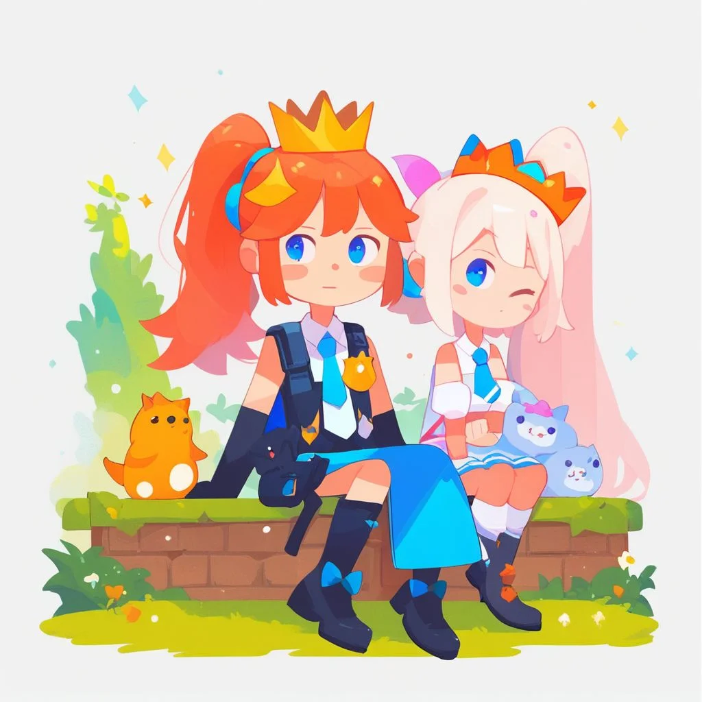 score_9, score_8_up, score_8, striped, blue necktie, :o, elbow gloves, ponytail, multiple girls, sitting, crown, jewelry