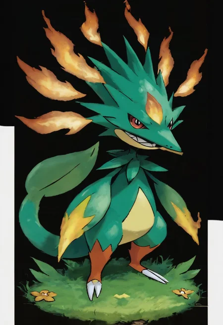 score_9, score_8_up, score_7_up,Create an image of a whimsical, cartoonish grass/fire-type creature. It should possess a dynamic and balanced profile composition, centered with ample negative space around it. The creature should have a verdant green body with fiery red-orange leaf-shaped accents, resembling flames, along its back and tail. Its tail should end in a flicker of yellow and red flame, implying movement as if it's ready to ignite at any moment. Its facial features should include wide, expressive eyes with flame-colored irises and a mischievous smile that reveals tiny, pointed white teeth. Small, leafy appendages should sprout from its cheeks, and its belly ought to be a lighter shade of green. The illustration should be rendered in a bold, cartoon style with clean lines of varying thickness, flat colors with simple shading to suggest a fiery vitality, and no texture to maintain a sleek, lively appearance. The background should be transparent for versatile application across various media. The overall impression should be playful yet fiery, capturing the essence of a character that could leap into the action of a game or animate the pages of a fantastical story .zPDXL, oil painting, traditional media, realistic,