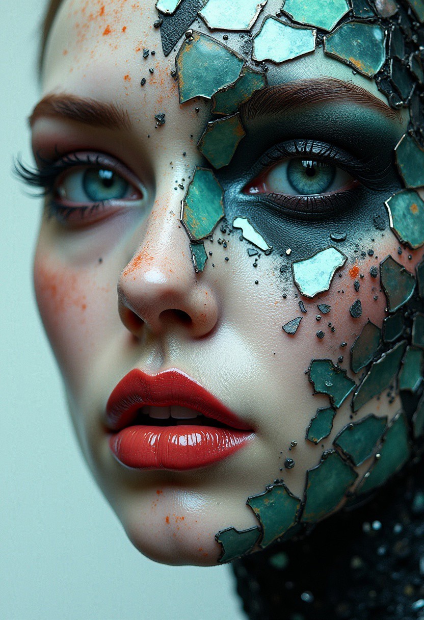 Create an abstract, strange, and mysterious image of a mechanical demon. The image should be mosaic shattered into two contrasting halves, each telling a different part of her enigmatic story. low angle, detailed eyes, detailed lips, gray teal and black accents, colored glass shards, poster, impressionist, dynamic, sultry lips, seductive expression. One half should be colorful and glassy, filled with intricate, detailed patterns that evoke a sense of mystery and depth. The other half should be lighter, with surreal, artistic elements that hint at her hidden secrets and inner world.