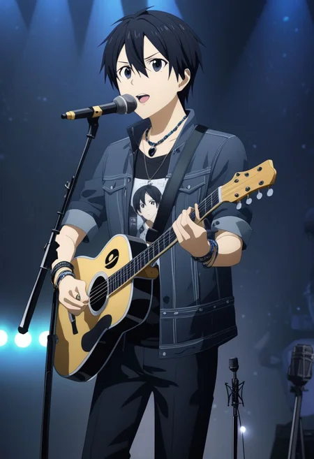 high resolution, professional photography, best quality, 1Boy, Kirigaya Kazuto, Black Hair, Black Eyes, idol, singing, potrait, dept of field, virtual concert, musical instrument, playing musical instrument, necklace, bracelet, sneakers, overalldetail