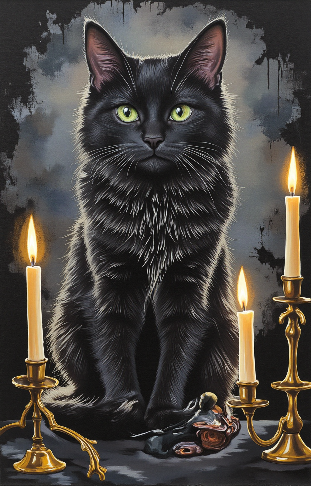 digital painting of a black cat with an enigmatic expression, sitting in a dark, mysterious setting. The cat's fur is depicted with a mix of thick, textured strokes, giving it a fluffy, almost wild appearance. The cat's eyes are a striking green, and its ears are pointed, adding to its feline features. The background is a blend of dark grays and blacks, creating an ominous atmosphere. The cat is seated in front of two lit candles, which cast a warm, golden light that contrasts sharply with the dark background. The candles are placed on ornate, golden candleholders, adding a touch of elegance to the scene. The flames of the candles flicker, adding a sense of movement and life to the otherwise still image. The overall style of the painting is realistic, with a focus on detailed textures and lighting effects. The image has a haunting, almost supernatural quality, suggesting a sense of magic or mystery., <lora:aidmaImageUpraderv0.3:0.4>, aidmaimageupgrader, <lora:diffusion_pytorch_model:1>, <lora:aidmaMJ6.1_v0.5_3:0.7>, aidmaMJ6.1, ultra quality, ultra detailed, intricate details