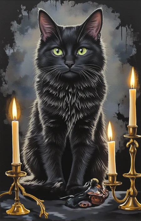 digital painting of a black cat with an enigmatic expression, sitting in a dark, mysterious setting. The cat's fur is depicted with a mix of thick, textured strokes, giving it a fluffy, almost wild appearance. The cat's eyes are a striking green, and its ears are pointed, adding to its feline features. The background is a blend of dark grays and blacks, creating an ominous atmosphere. The cat is seated in front of two lit candles, which cast a warm, golden light that contrasts sharply with the dark background. The candles are placed on ornate, golden candleholders, adding a touch of elegance to the scene. The flames of the candles flicker, adding a sense of movement and life to the otherwise still image. The overall style of the painting is realistic, with a focus on detailed textures and lighting effects. The image has a haunting, almost supernatural quality, suggesting a sense of magic or mystery., <lora:aidmaImageUpraderv0.3:0.4>, aidmaimageupgrader, <lora:diffusion_pytorch_model:1>, <lora:aidmaMJ6.1_v0.5_3:0.7>, aidmaMJ6.1, ultra quality, ultra detailed, intricate details