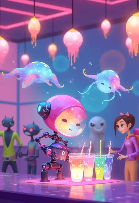 digital artwork in the style of ckgf, A tiny robot in a pastel-colored futuristic tea shop, skillfully preparing glowing, galaxy-colored bubble tea. The drinks shimmer with swirling colors, each pearl inside pulsing like tiny stars. Customersâquirky alien creatures, cyberpunk humans, and floating jellyfish-like beingsâeagerly wait for their orders under a ceiling of hanging neon lanterns. The shopâs soft pink and blue lights create a strong rim glow on the robotâs round, glassy body as it cheerfully serves up its magical drinks.