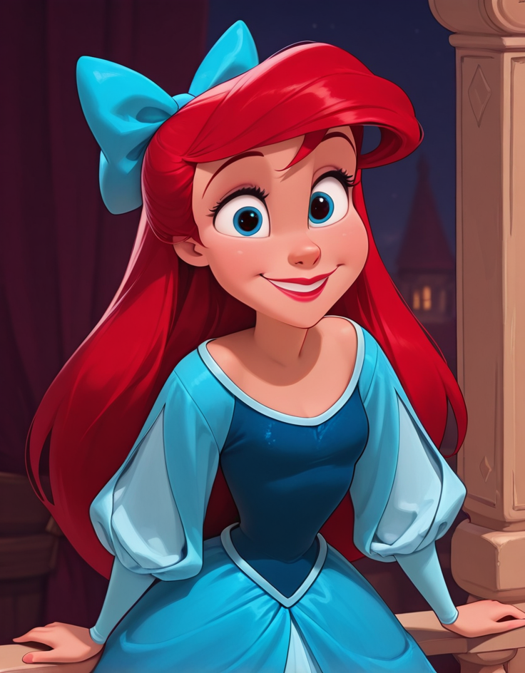 masterpiece, best quality, amazing quality, very aesthetic, absurdres,  newest, detailed background, cowboy shot, 4k, 8k, 
ralphstyle, 
ariel, 1girl, long hair, blue eyes, red hair, solo, bow, hair bow, dress, lipstick, makeup, long sleeves, smile, blue dress, blue bow, balcony, looking at viewer,
<lora:Ariel_-_Disney_Illustrious:1>,
 <lora:Ralph_Breaks_the_Internet_Style_-_Disney_Illustrious:1>