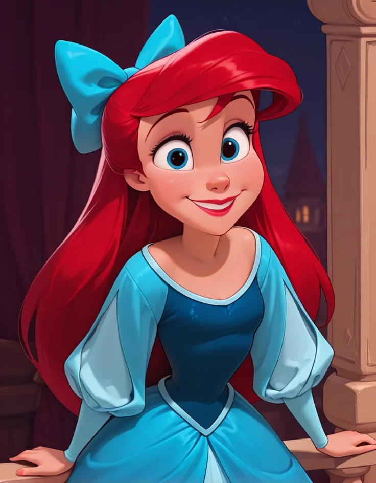 masterpiece, best quality, amazing quality, very aesthetic, absurdres, newest, detailed background, cowboy shot, 4k, 8k,
ralphstyle,
ariel, 1girl, long hair, blue eyes, red hair, solo, bow, hair bow, dress, lipstick, makeup, long sleeves, smile, blue dress, blue bow, balcony, looking at viewer,
<lora:Ariel_-_Disney_Illustrious:1>,
<lora:Ralph_Breaks_the_Internet_Style_-_Disney_Illustrious:1>