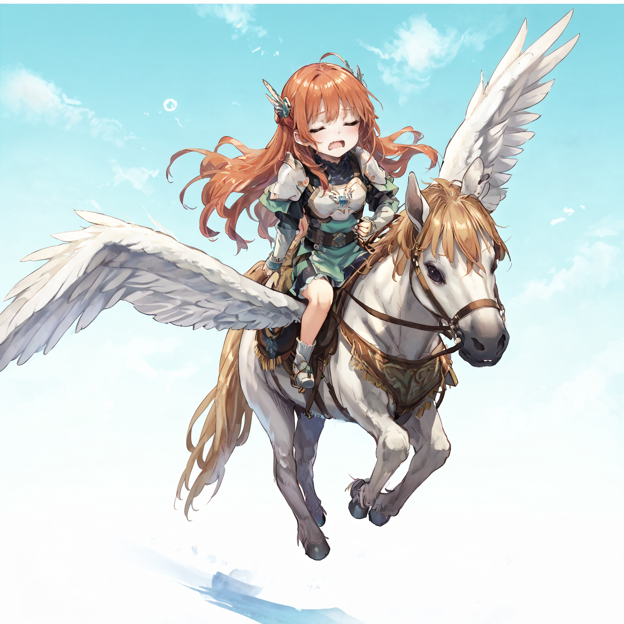 score_9,score_8_up,score_7_up,extreme detailed,full_body,zPDXL BREAK sky,flying,
<lora:Pony_DetailV2.0:1>,pegasus knight,horse,horseback riding,pegasus,<lora:pegasus knight:0.8>,long hair,shoulder armor,breastplate,yawning,closed eyes,wavy mouth,