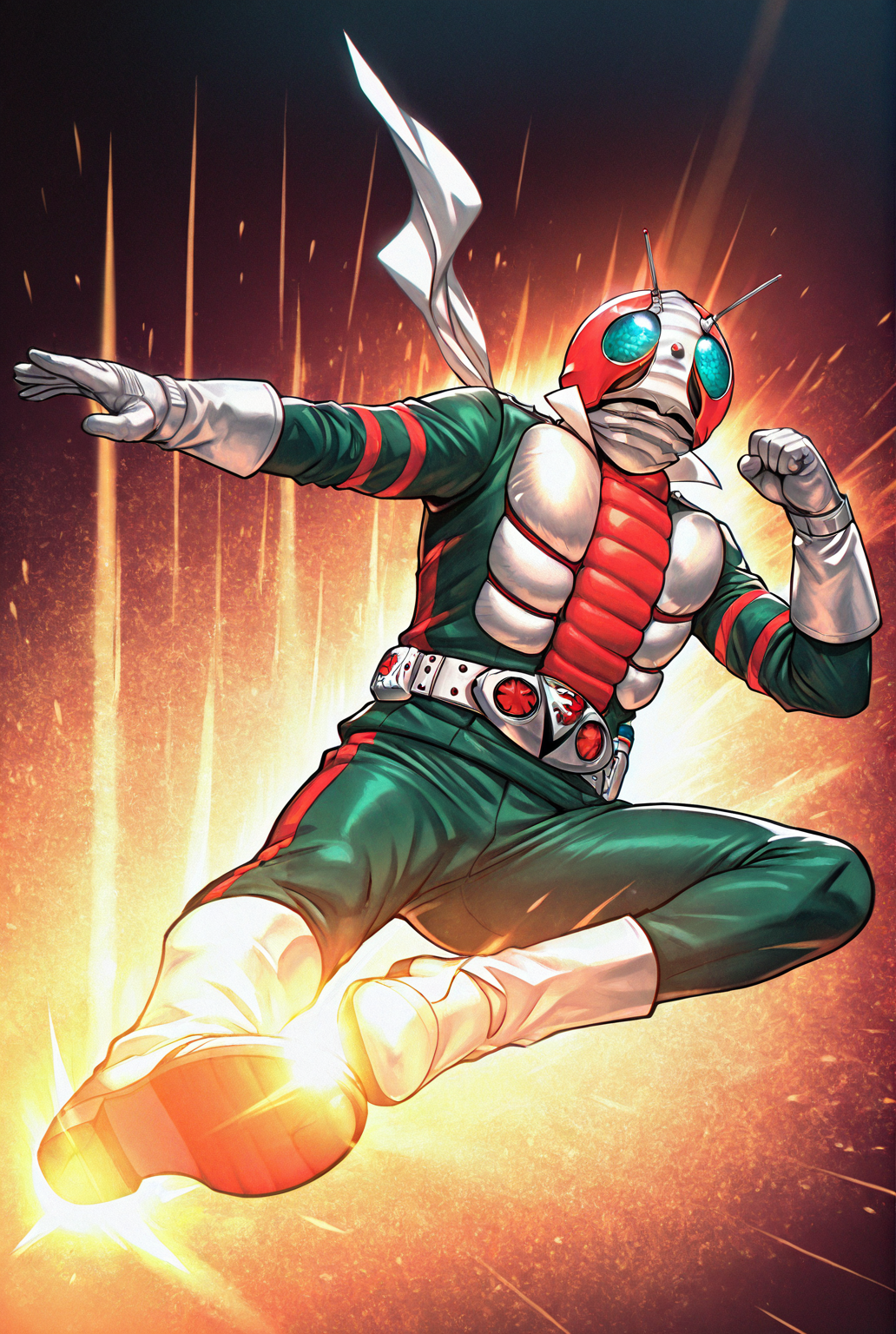 score_9,score_8_up,score_7_up,best quality,ultra-detailed,high resolution,digital painting,8k,1boy,solo,male focus,detailed face,antennae,belt,helmet,gloves,tokusatsu,green bodysuit,scarf,kicking,flying kick,full body,boots,foreshortening,shoe soles,clenched hand,<lora:add-detail-xl:1>,<lora:Kamen RIder V3:0.8>,kamen r1der v3,<lora:LYDart StyleIlluLYCO:0.2>,ydart,<lora:riderkick_Illust_v1:0.7>,rider kick,