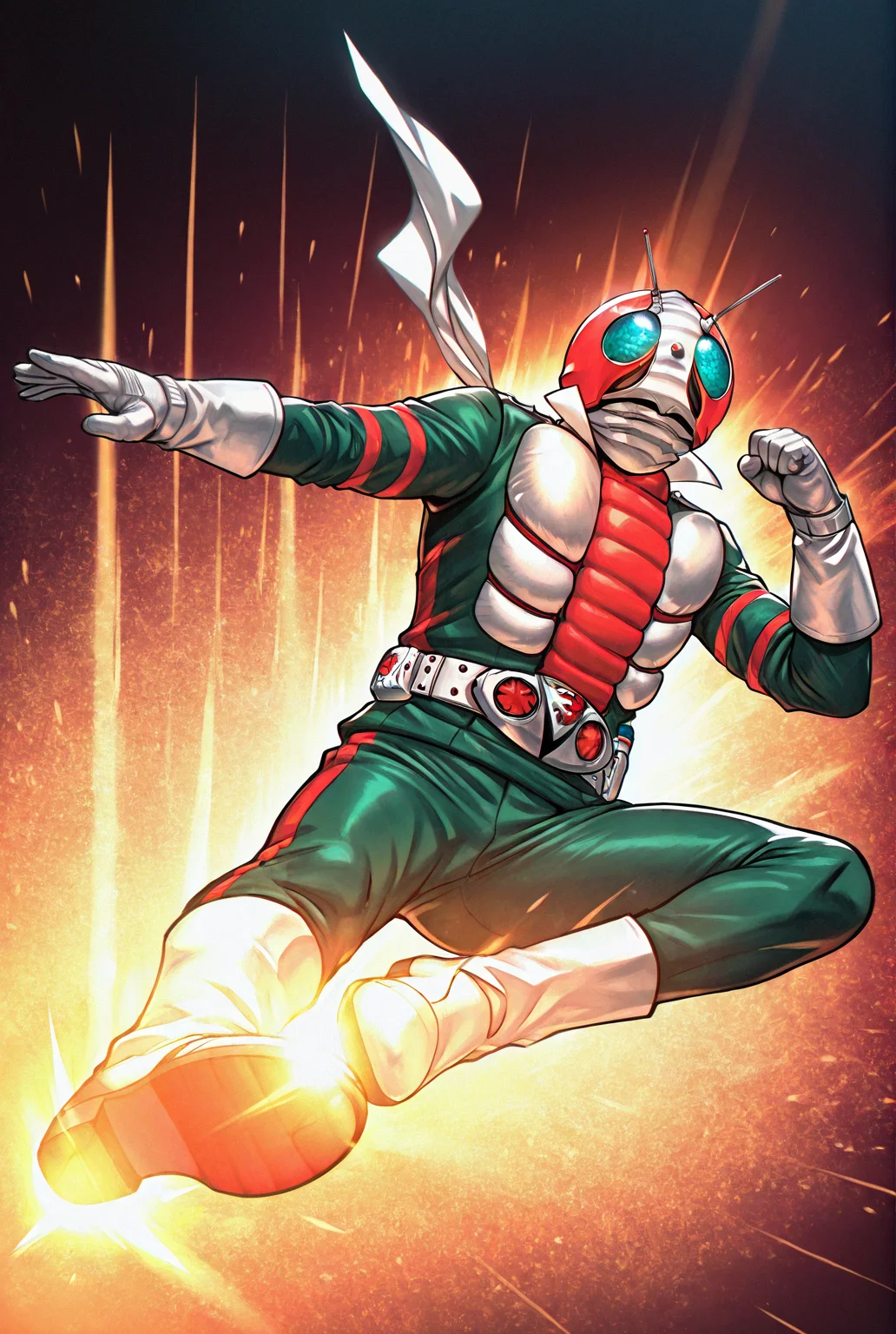 score_9,score_8_up,score_7_up,best quality,ultra-detailed,high resolution,digital painting,8k,1boy,solo,male focus,detailed face,antennae,belt,helmet,gloves,tokusatsu,green bodysuit,scarf,kicking,flying kick,full body,boots,foreshortening,shoe soles,clenched hand,<lora:add-detail-xl:1>,<lora:Kamen RIder V3:0.8>,kamen r1der v3,<lora:LYDart StyleIlluLYCO:0.2>,ydart,<lora:riderkick_Illust_v1:0.7>,rider kick,
