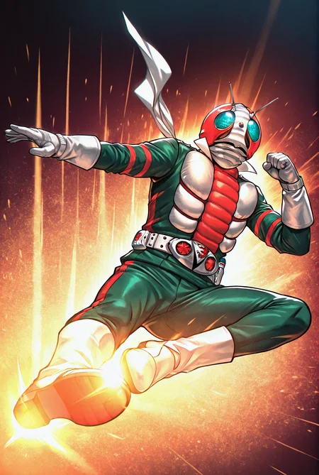 score_9,score_8_up,score_7_up,best quality,ultra-detailed,high resolution,digital painting,8k,1boy,solo,male focus,detailed face,antennae,belt,helmet,gloves,tokusatsu,green bodysuit,scarf,kicking,flying kick,full body,boots,foreshortening,shoe soles,clenched hand,<lora:add-detail-xl:1>,<lora:Kamen RIder V3:0.8>,kamen r1der v3,<lora:LYDart StyleIlluLYCO:0.2>,ydart,<lora:riderkick_Illust_v1:0.7>,rider kick,