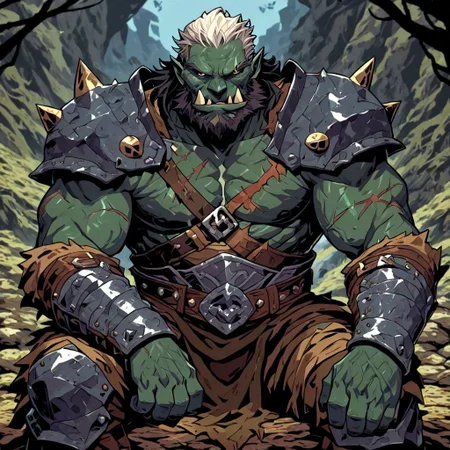 masterpiece, best quality, newest, absurdres, highres, GOTAV1.0,
1boy, orc, armor, tusks, muscular male, beard, facial hair, scar, scars, scar