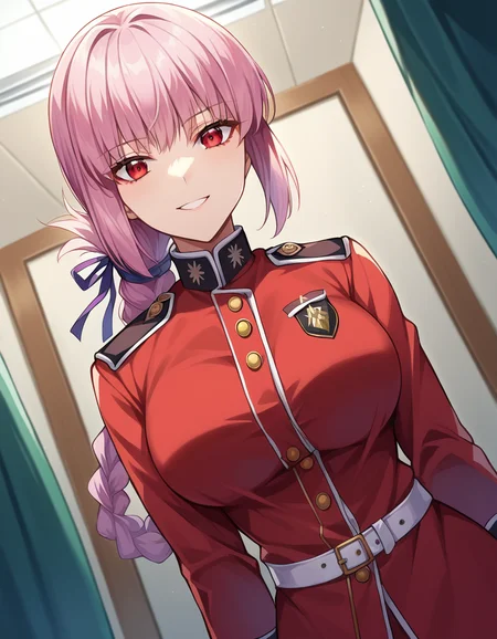 score_9, score_8_up, score_7_up, source_anime,
florencenightingale, <lora:florence-nightingale-ponyxl-lora-nochekaiser:1>,
florence nightingale, pink hair, long hair, red eyes, hair braid, sidelocks, folded ponytail, single braid, braid, braided ponytail,
military, military uniform, uniform, red uniform,
indoors, hospital, smile,
looking at viewer, dutch angle,