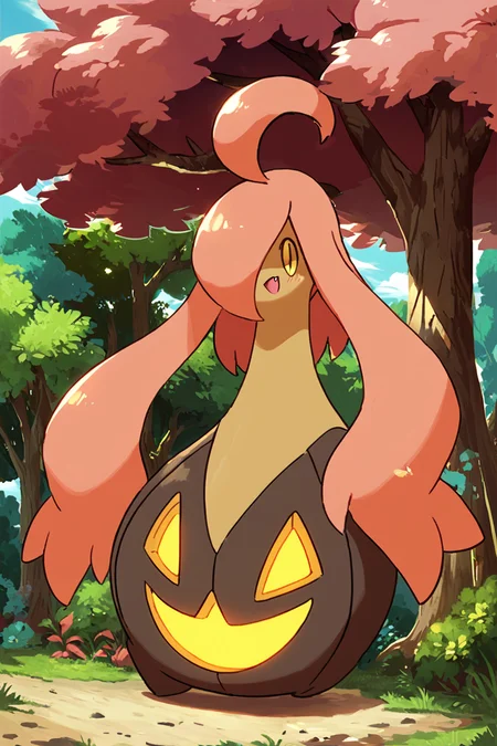 score_9, score_8_up, score_8, no humans, BREAK, , zzGourgeist, solo, pokemon (creature), no humans, ghost, hair over one eye, ahoge, yellow eyes, full body, outdoors, glowing, closed eyes, tree, fang, happy, <lora:Gourgeist_Pokemon_PDXL:0.8>, , BREAK, smile, looking at viewer, cowboy shot, ,,, embedding:zPDXL, <lora:DiivesP1:0.8>,