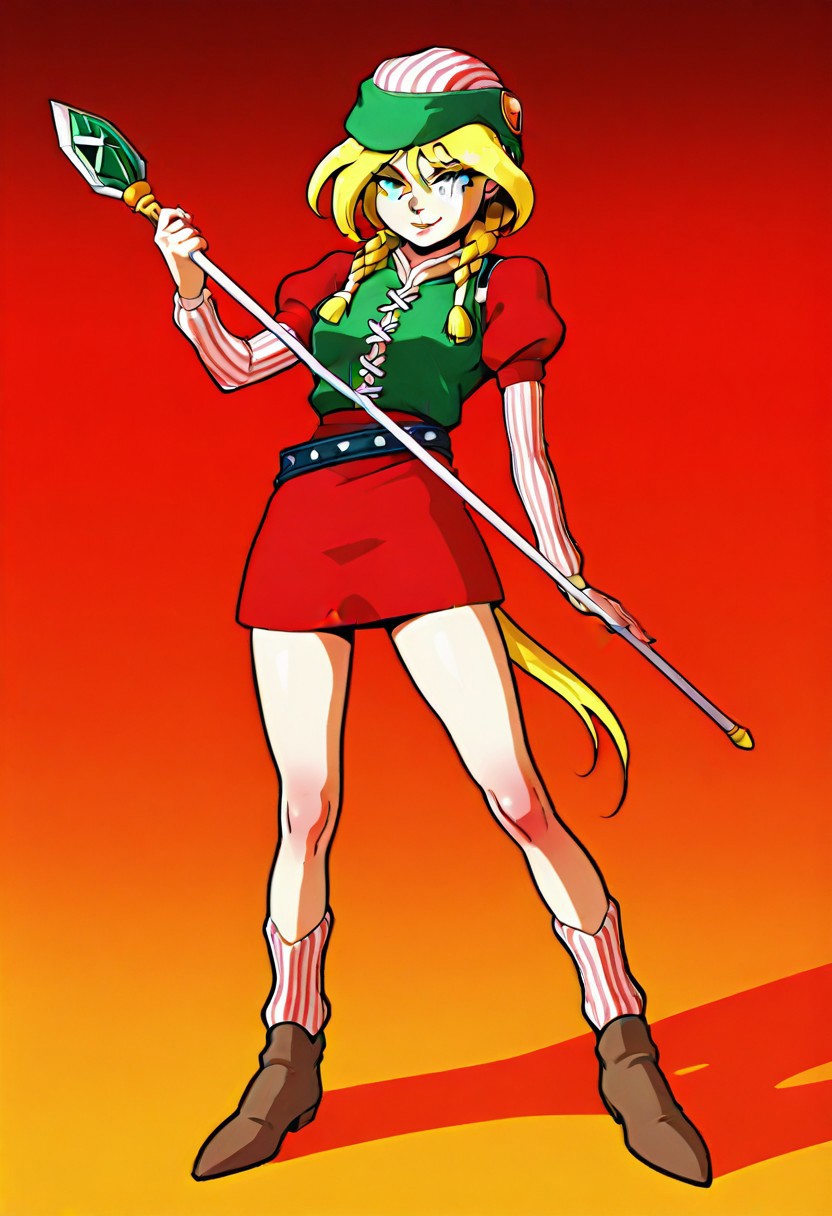 anime coloring, game cg, (incase:0.8), 
detailed face, cute pose, sexy pose, naughty face, cowboy shot, puffy lips,full body, ((three-quarter view)), standing up, legs apart,
<lora:Mochowa_Last_Bible_3:1>OMochowa,1girl,solo,blonde hair, green eyes, twin braids, striped beanie, green tunic, puffy short sleeves, long layered sleeves, red skirt, belt, striped leg warmer, brown footwear, holding staff,
high contrast, blending, vibrant rim lighting,
masterpiece, best quality, absurdres, newest,absolutely eye-catching,newest, absurdly detailed,