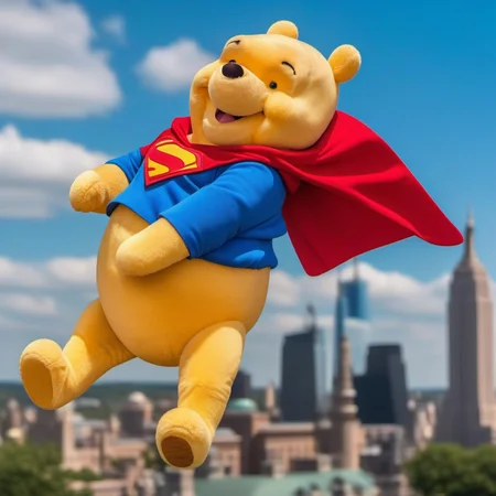 cinematic photo a liveaction fat winnie the pooh wears a superman outfit, fly through the air over a city<lora:Winnie1024:0.8> . 35mm photograph, film, bokeh, professional, 4k, highly detailed