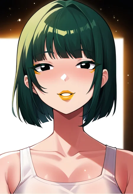 score_9, score_8_up, score_7_up, score_6_up, solo RAW photo, Bo Wei Style, source_anime, lineart, volumetric lighting, natural, close up shot, bokeh, (Masterpiece, Best Quality, Highres:1.2), best quality, absurdres, Cinematic Lighting,
BREAK
<('1girl': ('young'+'green hair'+'carefree'+'bob cut'+'bangs'+'white tank top'+'eyeliner'+black eyes+'orange lipstick'),
((korean))))>,