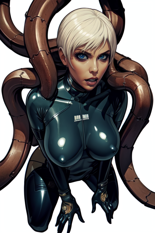 laingocpus, metal tentacles,  short hair, science fiction, 
tan bodysuit, skin tight, gloves,  latex,  from above, 
laboratory,  white background, 
(insanely detailed, beautiful detailed face, masterpiece, best quality) <lora:laughingoctopus:0.8>