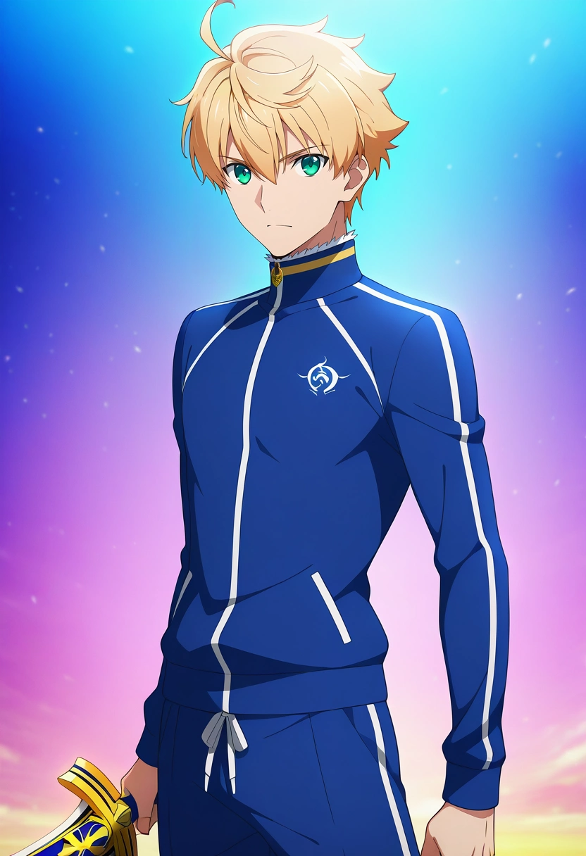 masterpiece, best quality, intricate details, anime screencap, anime coloring, , looking at viewer, 1boy, solo, male focus, <lora:arthur_pendragon_fate_ilxl:1>, arthur_pendragon_fate, blonde hair, green eyes, short hair, ahoge, hair between eyes, bangs, , holding sword, , sweatpant,