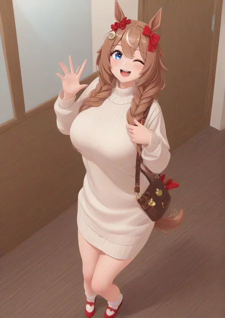 3d,1girl, super creek (umamusume), by kodoto, animal ears, bag, bell, blue eyes, bow, braid, breasts, brown hair, hair bow, hair ornament, hands up, horse ears, horse girl, large breasts, long hair, long sleeves, looking at viewer, one eye closed, open mouth, red bow, shoulder bag, smile, solo, sweater, zPDXL3  <lora:monster_frog:1>
