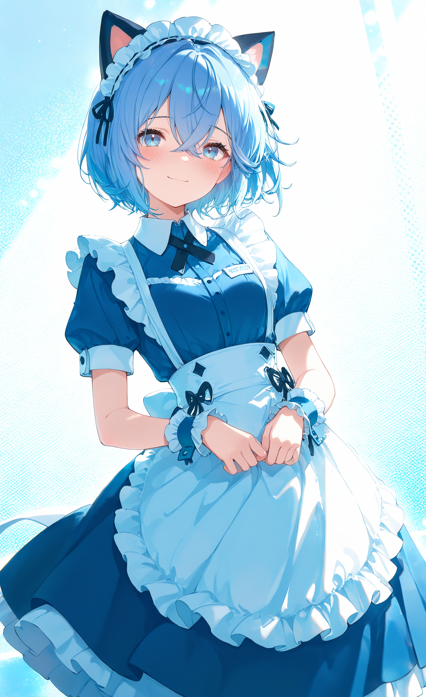 masterpiece, best quality, good quality, very awa, very aesthetic, absurdres, newest, 1girl, animal ears, apron, blue dress, blue eyes, blue hair, blush, cat ears, collared dress, crossed bangs, dress, fake animal ears, frilled apron, frilled cuffs, frilled hairband, frills, hairband, halftone, halftone background, looking at viewer, maid, maid apron, maid headdress, short hair, short sleeves, smile, solo, waist apron, white apron, wrist cuffs, Dutch Angle,Bright And Sunny Lighting,
96yottea,
gakumas <lora:ponyv6Noobe112Adamw.9Eti:0.8> <lora:USNR_STYLE_XL_lokr:0.45> <lora:WSSKX_WAI:0.7> <lora:gakumas.il:0.8>