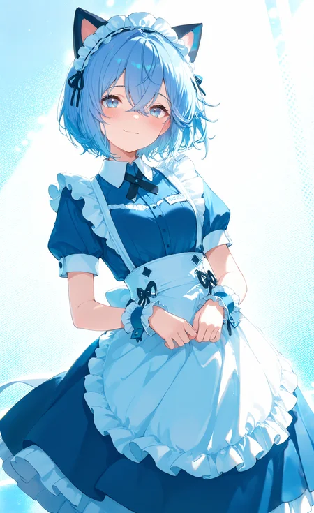 masterpiece, best quality, good quality, very awa, very aesthetic, absurdres, newest, 1girl, animal ears, apron, blue dress, blue eyes, blue hair, blush, cat ears, collared dress, crossed bangs, dress, fake animal ears, frilled apron, frilled cuffs, frilled hairband, frills, hairband, halftone, halftone background, looking at viewer, maid, maid apron, maid headdress, short hair, short sleeves, smile, solo, waist apron, white apron, wrist cuffs, Dutch Angle,Bright And Sunny Lighting,
96yottea,
gakumas <lora:ponyv6Noobe112Adamw.9Eti:0.8> <lora:USNR_STYLE_XL_lokr:0.45> <lora:WSSKX_WAI:0.7> <lora:gakumas.il:0.8>
