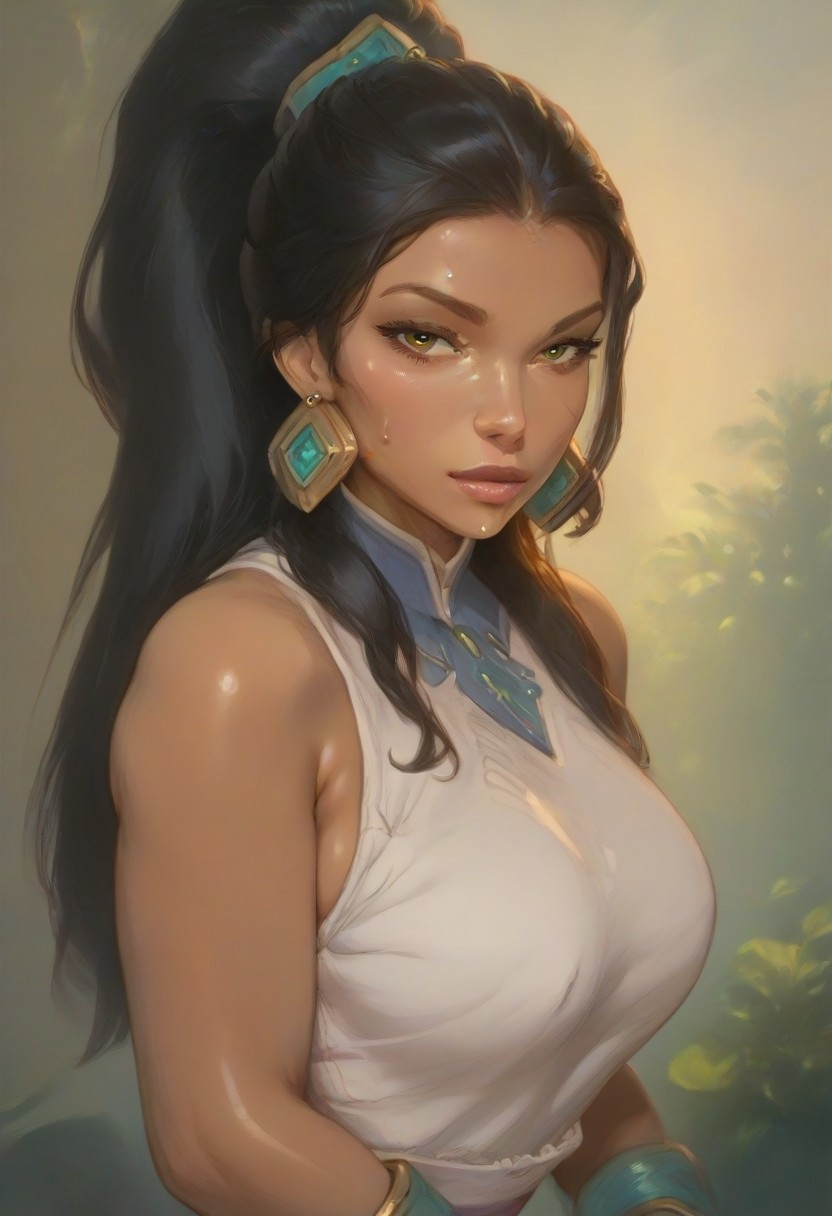 (score_9, score_8_up, score_7_up), score_6_up, best quality, masterpiece, extreme detail, perfect lighting, 4k, 2d, rating_explicit, nsfw, very detailed, best quality, highly detailed texture, depth of field, masterpiece, BREAK, 1girl, ChelXLP, chel, majestic,beautiful bright pupils, black hair, ((ponytail)),green earrings, cute face, (gorgeous face:1.3), (skin detail:1.3), (shadows:1.3), (sweat, steamy, oily, shiny:1.3), ((( long hair, large breasts,perfect body, thick thighs,
earrings,jewelry,white dress,sleeveless,bracer,
 fantasy, solo focus,epic, concept art, realistic, highly detailed, upper body, looking at viewer ))), looking at the viewer, detailed, intricate details, realistic,((( top view))), tan skin,cowboy shot,csr style,g4n1m3,Sculpted grace