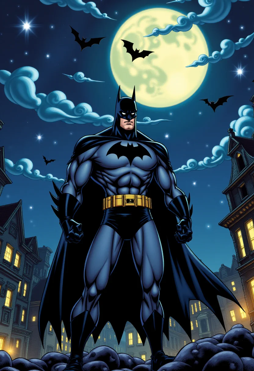 <lora:KFT_Curse_of_Dragons_Crown_Style_FLUX:1>
The image is a vibrant, digitally created kftfantasy illustration featuring   Batman standing menacingly at night as the bat signal lights up the sky