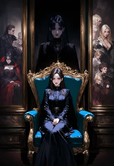 Gothic style masterpiece,high score,great score,absurdres,  ., a woman sitting in a chair in front of a window with a painting on the wall behind her and a door in the background [25],, <lora:br3k1ngd0un:1>,(br3k1ngd0un, realistic, Clarice Beckett, international gothic, dark shadows),, Alice Mason [2], <lora:Haut3C0t0ur3V01:0.6>, (haut3c0t0ur3v01, style, haut3c0t0ur3, Alexander McQueen, fantastically gaudy),, Barbara Greg [2], Luxury, Gold, silver, black, purple . Dark, mysterious, haunting, dramatic, ornate, detailed