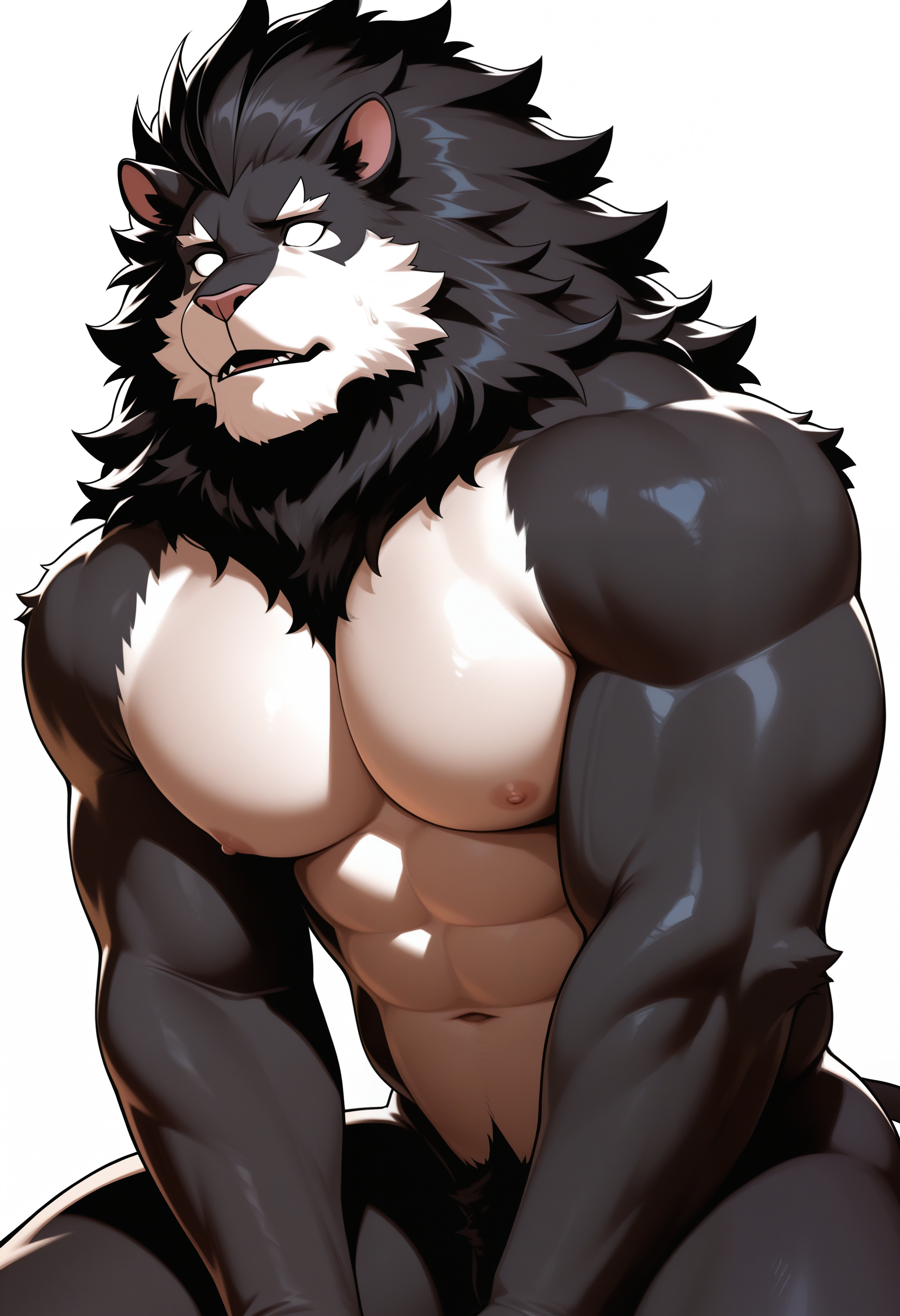 masterpiece,best quality,amazing quality, 1boy, solo,  lion boy, bara, black fur, white_chest, no pupils, naked nude,