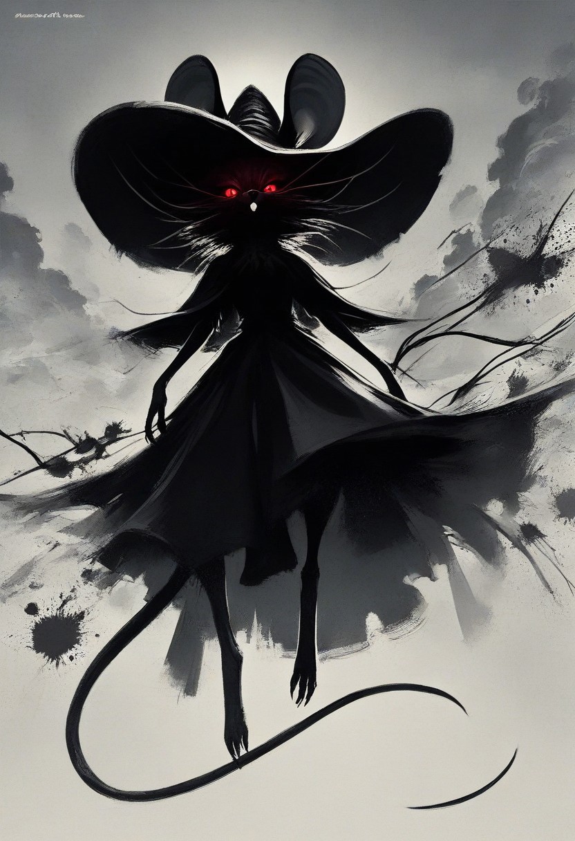 score_9, score_8_up, score_8, solo, (fluffy:0.8), (feral), furry, (((mouse))), female, claws, (fluffy cheeks:0.7), (black dress), grey fur, black ears, red eyes, look at viewer, (solo:2), j_cartoon, low angle view, aesthetic, dramatic angle, unique perspective, unique angle, night, dark, forest, (witch hat), staff, (cruel expression), mad-stncl, monochromemuse, monochrome, greyscale, ink splatter