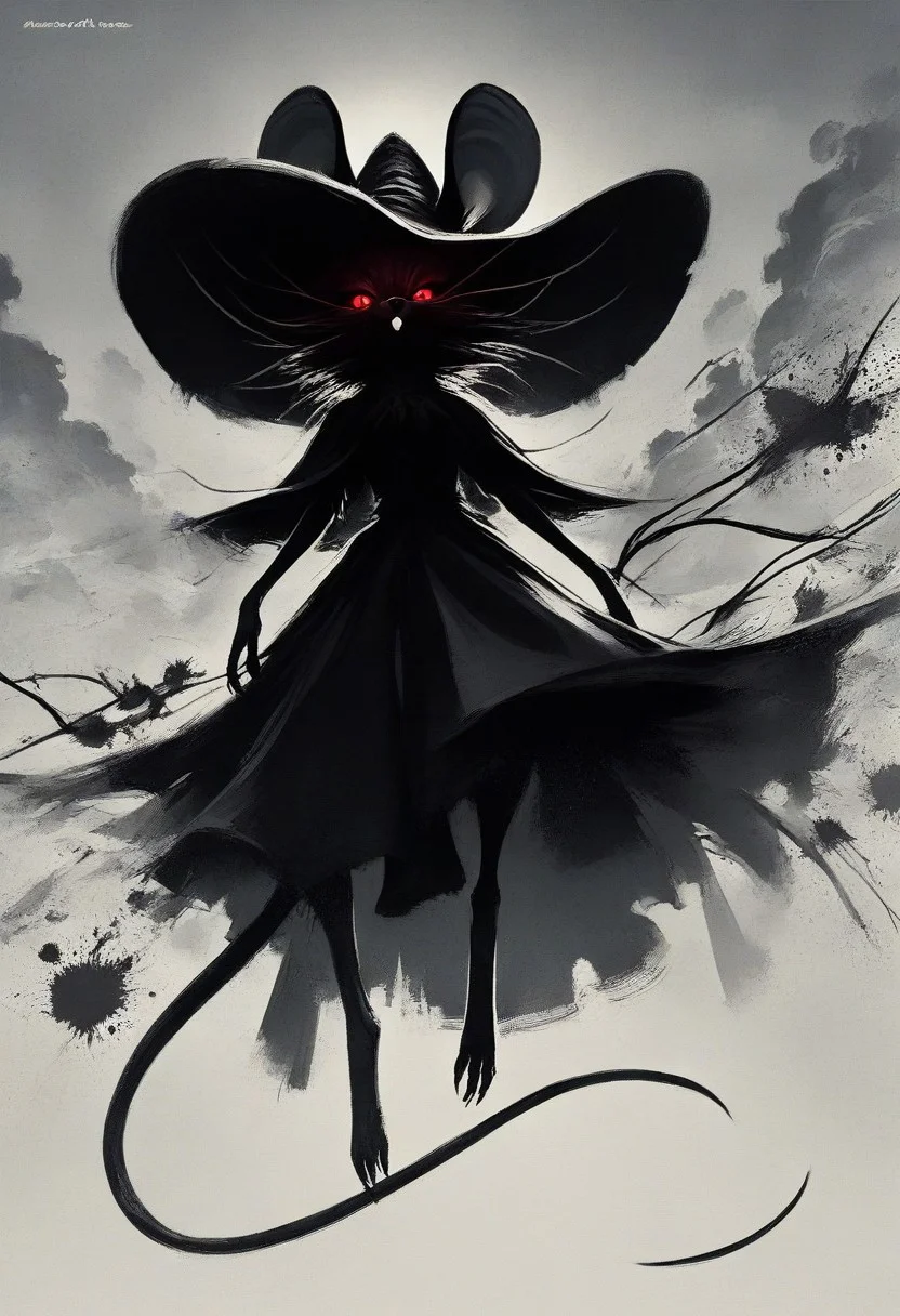 score_9, score_8_up, score_8, solo, (fluffy:0.8), (feral), furry, (((mouse))), female, claws, (fluffy cheeks:0.7), (black dress), grey fur, black ears, red eyes, look at viewer, (solo:2), j_cartoon, low angle view, aesthetic, dramatic angle, unique perspective, unique angle, night, dark, forest, (witch hat), staff, (cruel expression), mad-stncl, monochromemuse, monochrome, greyscale, ink splatter