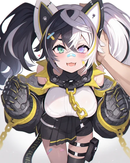 masterpiece,best quality,newest,absurdres,amazing quality,very aesthetic,depth of field,motion lines,speed lines,
film grain,chromatic aberration,backlighting,dappled sunlight,shiny skin,
cowboy shot,1girl,headpat,blush,looking at viewer,open mouth,heart,pov,simple background,smile,solo focus,:3,pov hands,:d,out of frame,hands up,hands together,hand on another's head,leaning forward,standing,<lora:ç«é²¨2(noob)-000009:1>,9c,mechanical headwear,bandaid hair ornament,hair between eyes,twintails,multicolored hair,black hair,white hair,heterochromia,green eye,blue eye,bandaid on nose,bandaid on cheek,spiked collar,chain necklace,detached sleeves,chained wrists,mechanical hands,white corset,black high-waist skirt,black shorts,thigh pouch,bandaid on thigh,single thighhigh,sneakers,