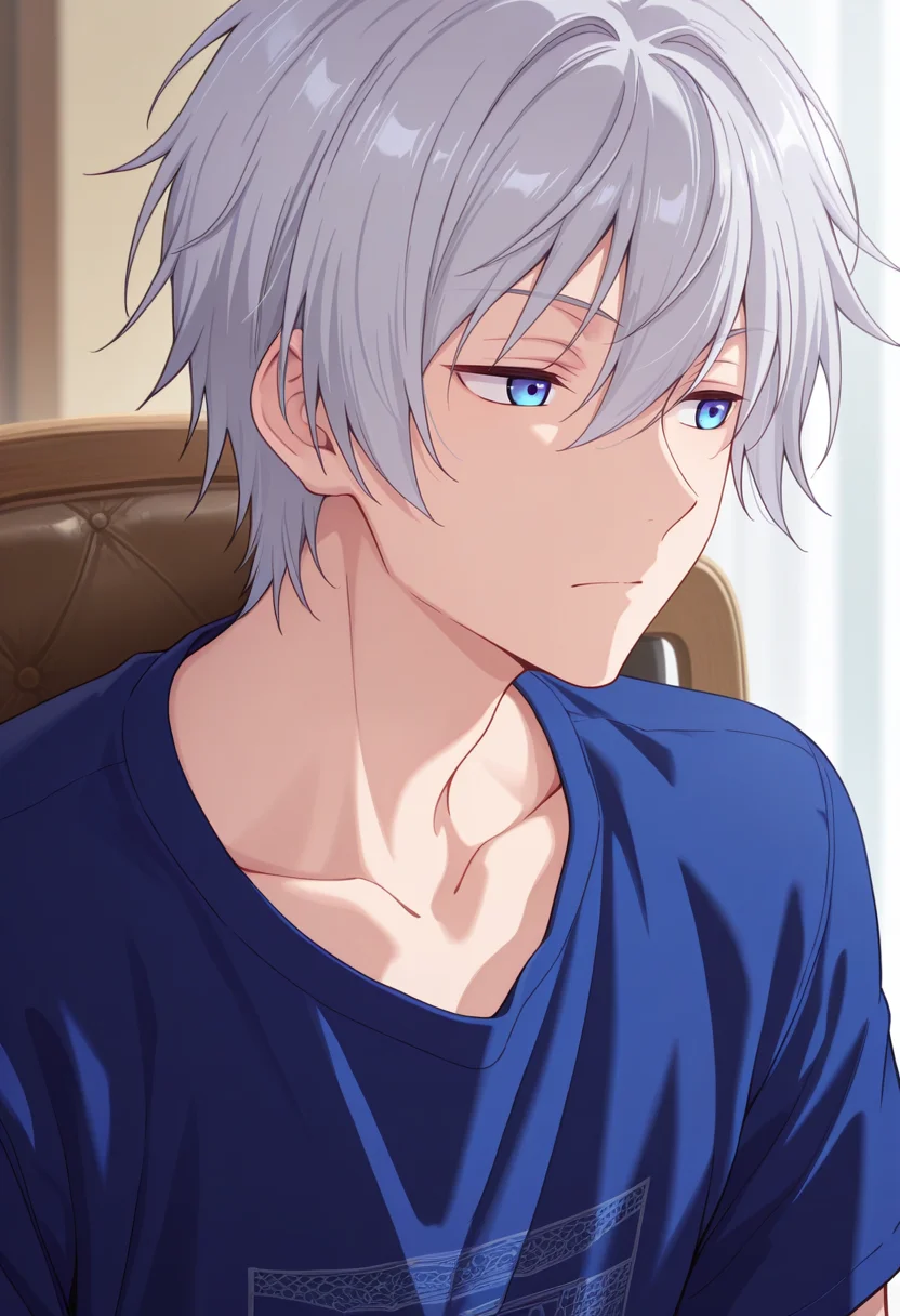 masterpiece, best quality, amazing quality,high resolution, intricate details,anime screencap , , , 1boy, solo, male focus, <lora:Fujiwara:0.96>,fujiwara, gray hair, short hair, blue eyes,looking to the side,t-shirt, collarbone, upper body, chair