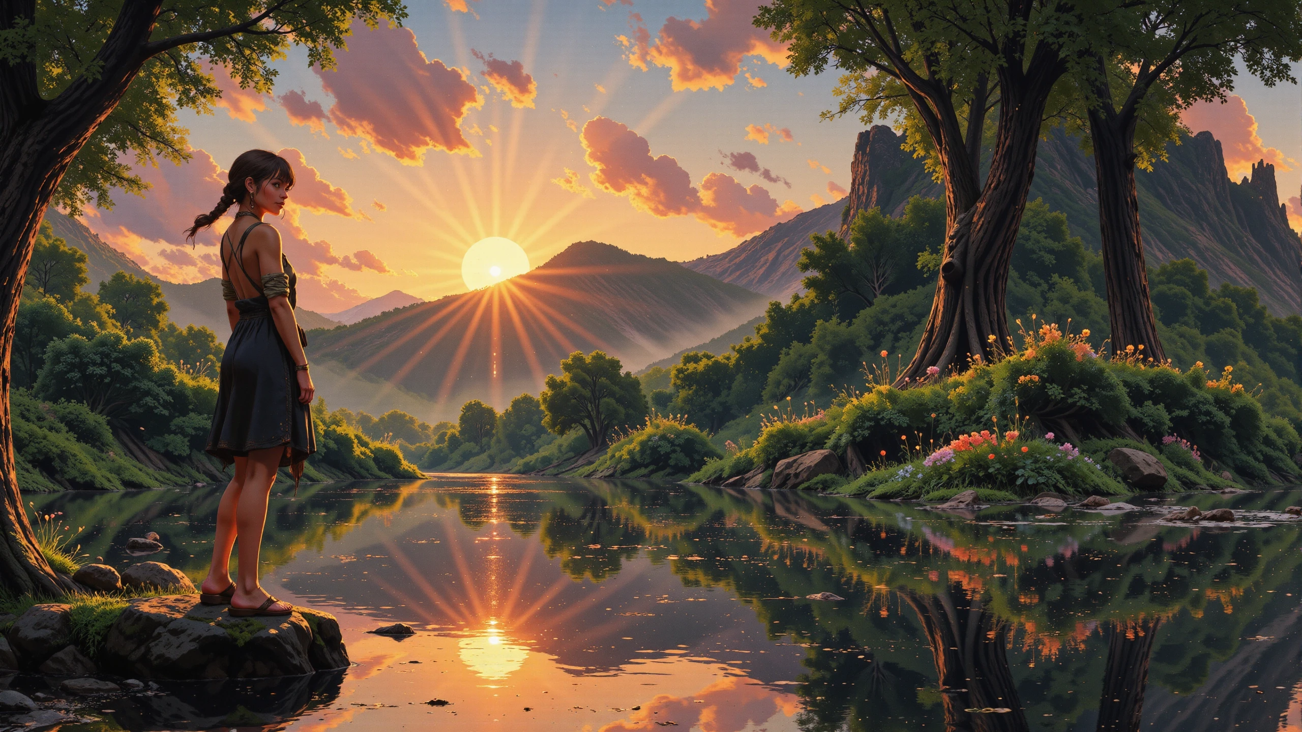 braided hairstyle dark brown hair young woman, druid, anime, illustration, extremely detailed, portrait, standing, happy smile, flower in hair, glossy lipstick, celtic necklace, medallion earrings, loincloth, sandals,  Clay druid short dress, legs, sharp focus, fantasy, celtic landscape, small rock, moss, ripples, reflections, celtic  castle, small river pond, druid forest, druid village, stunning nature environment, enchanted land, clovers, Bright Steel Gray flowers, best quality, colorful, wet floor, bright sunny sky, sunset, raytracing, hdr, high contrast, ethereal natural lights, backlight, lens flare, shadows, vibrant colors, colorful, pretty, beautiful, happy, smiling, feminine, sexy, lovely, in love, adorable, fashion,  <lora:Hand v2:1> <lora:Anti-Blur:1><lora:Insane Detail Slider:0.5>  <lora:flux.1_lora_flyway_Epic-detail_v2:0.3><lora:fluxenhancer:0.5> <lora:RetroAnimeFluxV1:0.4> <lora:Luminous_Shadowscape:0.4> <lora:SujatmikoArafuru_Flux:0.2> Suzume style
