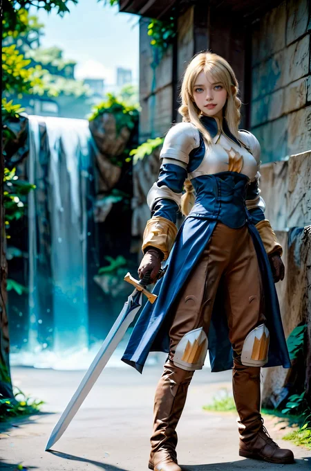 rating_safe,score_9, score_8_up, score_7_up, score_6_up, photo realistic
,photo,ultra-detailed blonde hair, many detailed tangle hair streak,airly hair
,bare breasts,nose blush,fullbody
,<lora:agrias-pdxl-nvwls-v1:1>agrias, blonde hair, braided ponytail,shoulder armor, armor, corset, brown pants, brown gloves, knee pads, boots
,ready a sword
,detailed waterfall and stream background
,100-400mm lens, best composition,
,(slim,slender,lanky,Tall and long legs,short torso,leggy:1.2)
<lora:Pony_DetailV2.0:5>