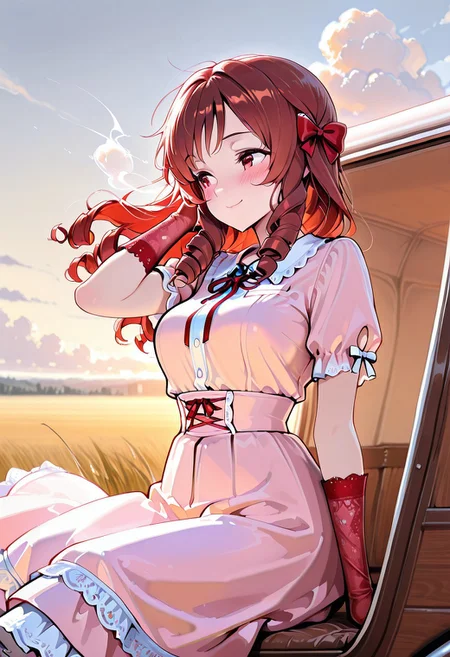masterpiece, best quality, amazing quality, girl, brown hair, perfect eyes, portrait shot, long hair, ringlets hair, bangs, medium breasts, 8k, highest quality, ultra details,1girl, solo, 
Southern Belle, frilly lacy (red:1.4) hoop skirt dress, cinched waist, short sleeves, red hair bow, red hair ribbons, medium breasts, red silk gloves, blush, looking to the side, slight smile, strong wind, hair blowing in the wind,hand in hair, dress blowing in the wind, sunny day, summer season,sitting in a horse carriage, through a grassy field, fluffy white clouds, outdoors, warm colors, warm lighting