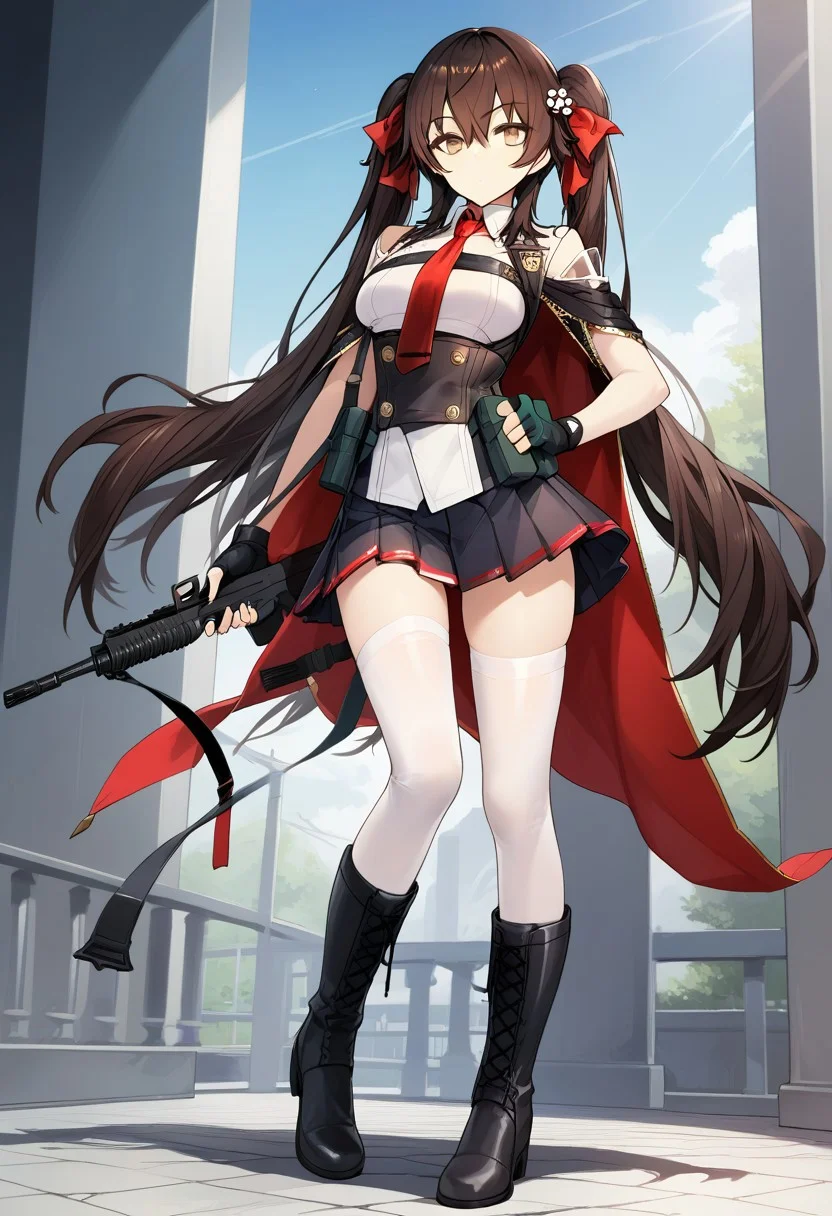 score_9_up, score_8_up, score_7_up, extreamly detailed, beautiful detailed face, complex detailed background, 1girl, BREAK,
JIANG YU (GIRLS' FRONTLINE), JIANG YU REGULAR WEAR, 1girl, solo, long hair, breasts, looking at viewer, bangs, skirt, simple background, brown hair, shirt, black hair, thighhighs, gloves, ribbon, holding, hair between eyes, twintails, brown eyes, very long hair, standing, full body, hair ribbon, white shirt, weapon, pleated skirt, boots, necktie, black gloves, belt, fingerless gloves, cape, black footwear, holding weapon, white thighhighs, red ribbon, gun, buttons, knee boots, red necktie, holding gun, corset, rifle, pouch, underbust, double-breasted, assault rifle