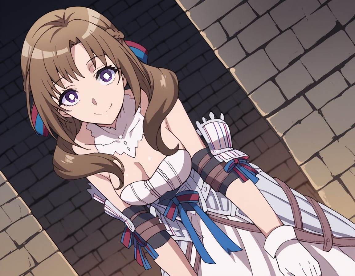 score_9, score_8_up, score_7_up, source_anime,
mamakooosuki, <lora:mamako-oosuki-s1-ponyxl-lora-nochekaiser:1>,
mamako oosuki, long hair, brown hair, purple eyes, hair ribbon, braid, bright pupils, french braid, white pupils,
gloves, dress, cleavage, bare shoulders, white gloves, white dress, armor, choker, detached collar,
dungeon, bent over, smile,
looking at viewer, cowboy shot, solo, dutch angle,