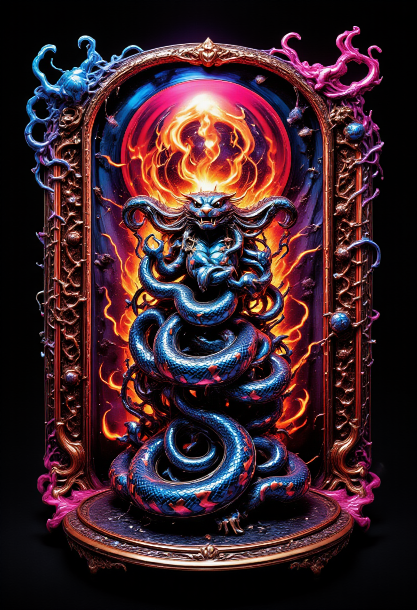 biomechanical style A hyper-realistic and intense scene of a snake appearing to emerge from a glowing digital screen, creating a 3D effect as if it is breaking into the viewer's space. The snake's head and part of its body are reaching out of the screen, its fangs exposed in an aggressive posture. The screen appears cracked and distorted at the edges where the snake is breaking through, with glowing fragments and electrical sparks adding to the dramatic effect. The background is dark, amplifying the sense of depth and realism.. cer1micsn1ke  <lora:FLUX_cer1micsn1ke_LoRA:1> <lora:aidmaFLUXpro1.1:0.32> aidmaabdhr <lora:aidmaAbadonedHorror:0.66> <lora:Mushroom_Portrait_Flux_v1:0.50> <lora:FLUX_Bizarredreams:1> <lora:FLUX_QVL_LoRA:1> . blend of organic and mechanical elements, futuristic, cybernetic, detailed, intricate