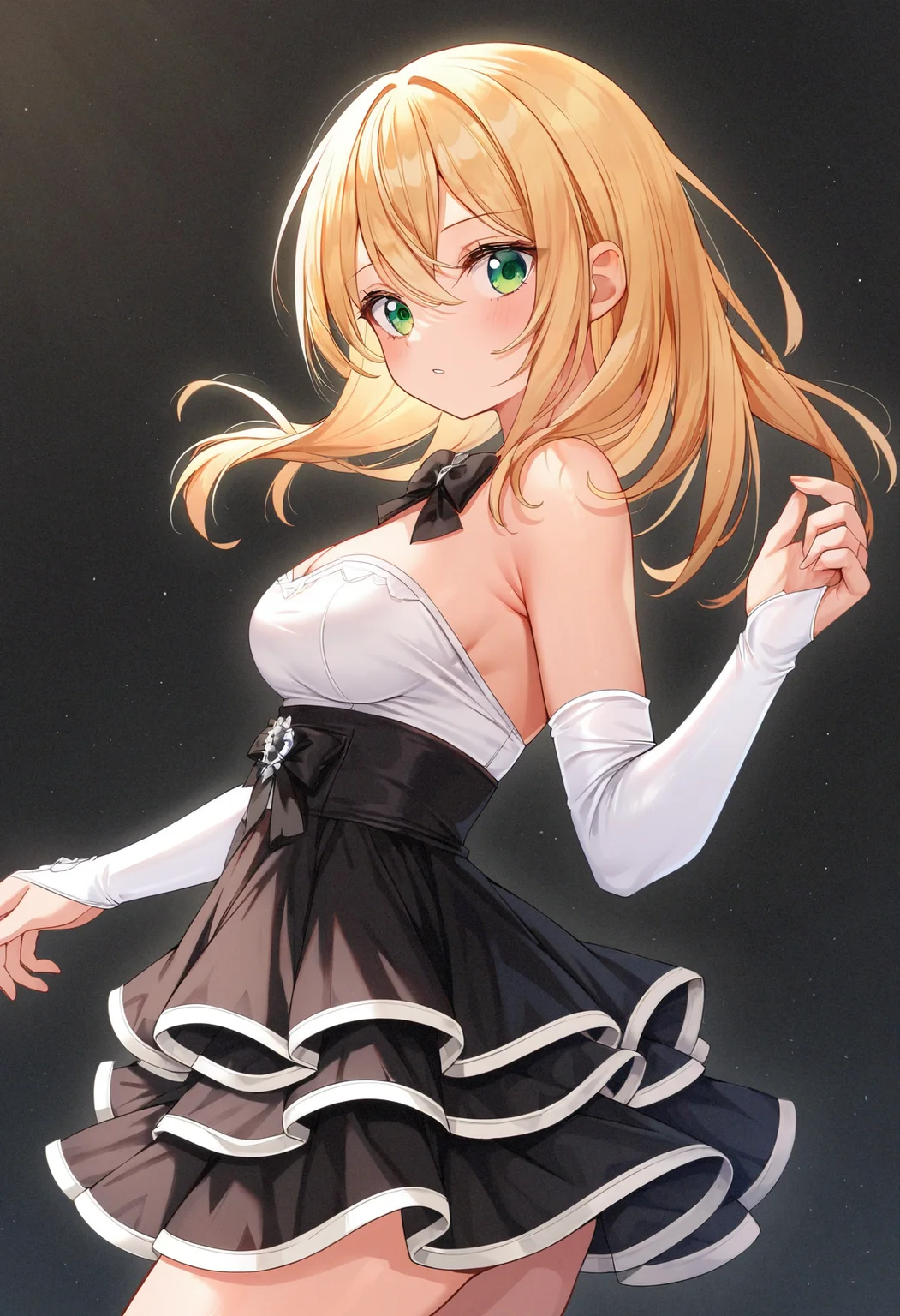 score_9,score_8_up,score_7_up,score_6_up,masterpiece,best quality,amazing quality,very aesthetic,high resolution,ultra-detailed,absurdres,dark background,1girl,standing,looking_to_the_side,from side,medium breasts,blonde hair,green eyes,high-waist skirt,frilled skirt,pleated skirt,white trim,black skirt,bare shoulders,white top,strapless dress,detached sleeves,elbow gloves,white gloves,black bow,<lora:MyTrainings\Temp\White_Top_Black_Frilled_Skirt_Pony_Pony_ARZUMATA\White_Top_Black_Frilled_Skirt_Pony_Pony_ARZUMATA.safetensors:0.7>