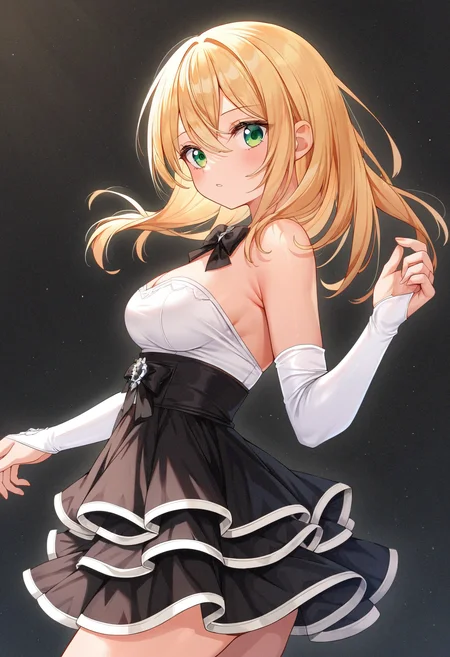 score_9,score_8_up,score_7_up,score_6_up,masterpiece,best quality,amazing quality,very aesthetic,high resolution,ultra-detailed,absurdres,dark background,1girl,standing,looking_to_the_side,from side,medium breasts,blonde hair,green eyes,high-waist skirt,frilled skirt,pleated skirt,white trim,black skirt,bare shoulders,white top,strapless dress,detached sleeves,elbow gloves,white gloves,black bow,<lora:MyTrainings\Temp\White_Top_Black_Frilled_Skirt_Pony_Pony_ARZUMATA\White_Top_Black_Frilled_Skirt_Pony_Pony_ARZUMATA.safetensors:0.7>
