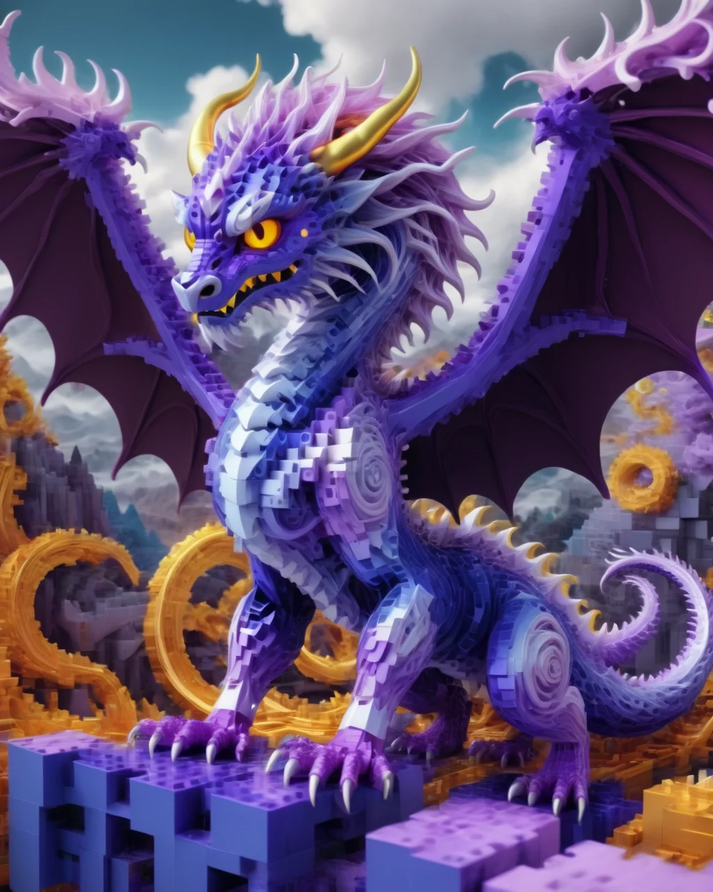 ((best quality)),(masterpiece),dragon,awardwinning,Psykadelicwoxel3d, psychedelic,<lora:Psykadelicwoxel3d-step00000350:1>,scenery in the background,made of voxels