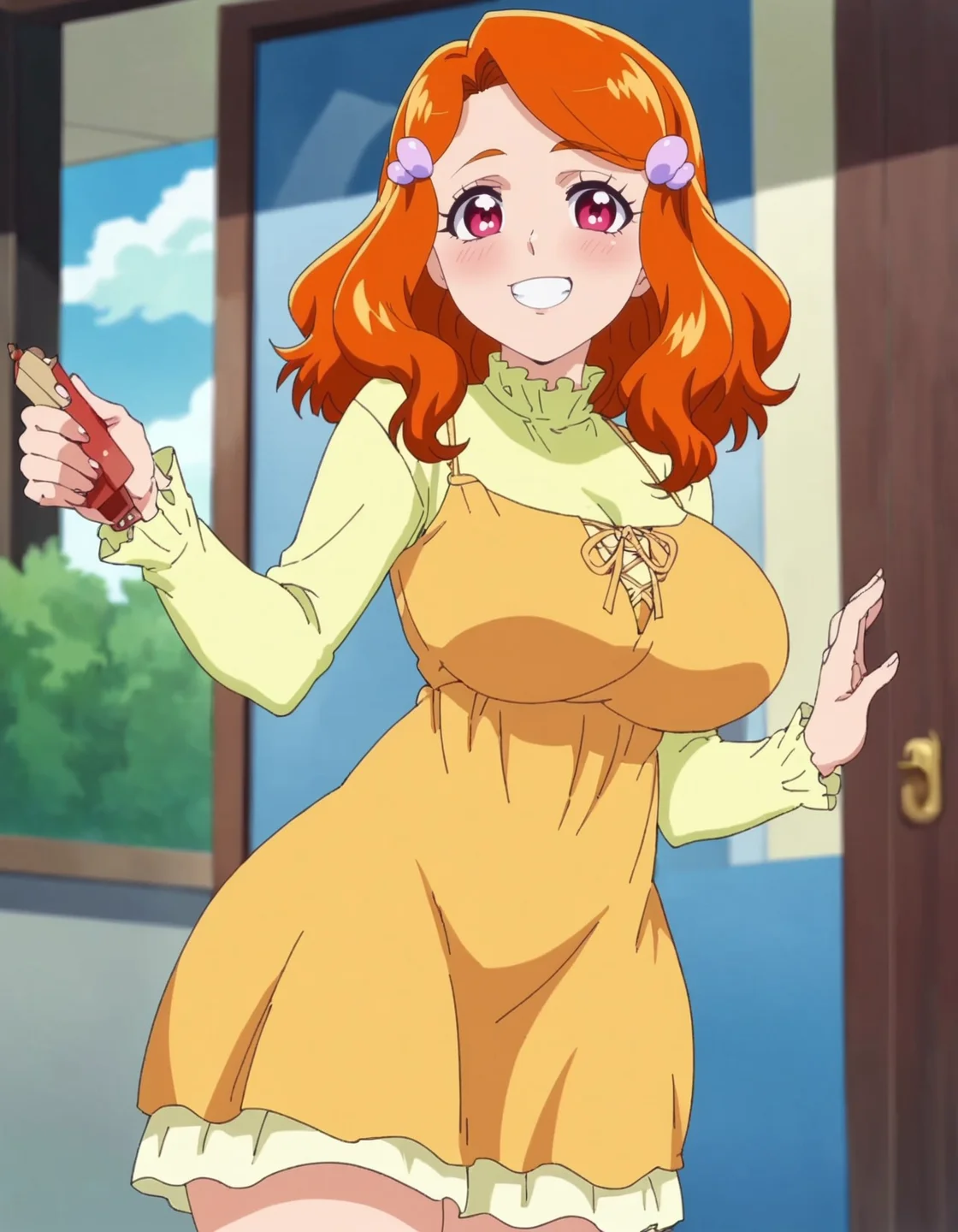 score_9, score_8_up, score_7_up, anime screencap, solo,1girl,kaymd, yellow dress, hair ornament, looking at viewer,blush,smile,cowboy shot,large breasts,wide hip,<lora:kaymd_pony:0.8>