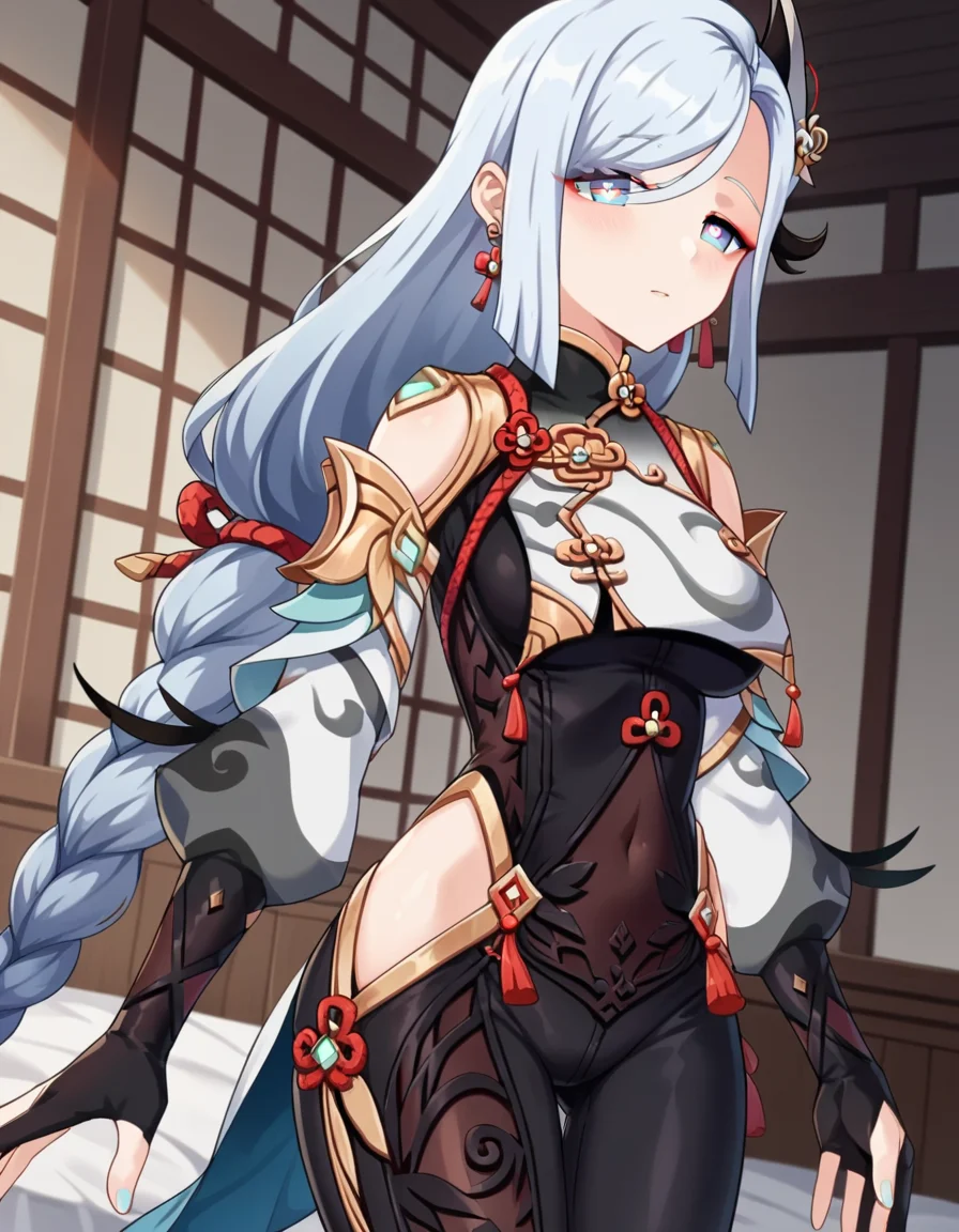 score_9, score_8_up, score_7_up, source_anime,
shenhe, <lora:genshin-shenhe-ingame-ponyxl-lora-nochekaiser:1>,
shenhe, blue eyes, braided ponytail, earrings, eyelashes, eyeliner, eyes visible through hair, eyeshadow, hair between eyes, makeup, red eyeshadow, sidelocks, single earring, symbol-shaped pupils, tassel, tassel earrings, white hair, long hair,
arm support, bare shoulders, black bodysuit, black gloves, bodysuit, breast curtain, chinese knot, clothing cutout, covered navel, detached sleeves,gloves, gold trim, hip vent, jewelry, long sleeves, partially fingerless gloves, puffy detached sleeves, puffy long sleeves, puffy sleeves, shoulder cutout, side cutout, stomach cutout, thigh cutout, white sleeves,
indoors, bed, bed room, on side, blush, drunk,
looking at viewer, cowboy shot, dutch angle,