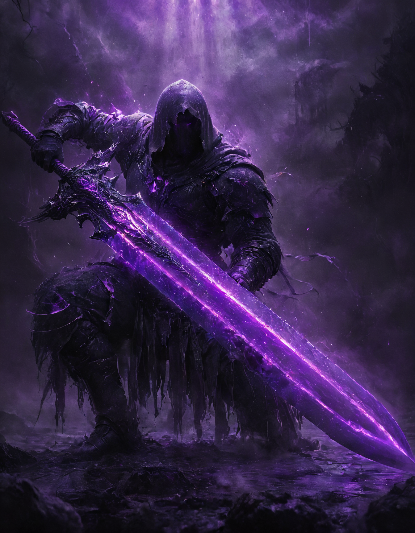 concept art A hooded figure in dark intricate armor and tattered robes, standing in a desolate landscape with mist swirling around. The figure is holding a glowing neon purple gigantic sword, channeling a powerful magical force, highly detailed, <lora:add-detail-xl:1>, <lora:glowneon_xl_v1:0.5>, <lora:Into_Darkness:1>, <lora:zavy-cntrst-sdxl:1>, <lora:- SDXL - vanta-black_contrast_V3.0:0.7>, <lora:SDXLFaeTastic2400:0.5> . digital artwork, illustrative, painterly, matte painting, highly detailed