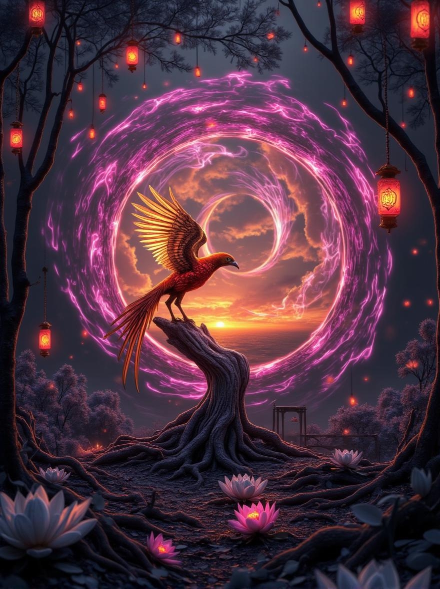 <lora:6B4426DED9C7CABDB1A44E006C07827E6A493CF5D6B917CCB5D49D661FEF650C.safetensors:1> dream-concept
In the heart of a vast, ancient forest, a mesmerizing portal materializes, its edges swirling with a maelstrom of vibrant hues. The colors shift and blend in a hypnotic dance, moving from deep, rich mauve and pink to softer, more delicate violets. As the eye is drawn inward, the palette warms to soft oranges and yellows, like the glow of a distant sunset. The background is a dark, marbled gray, evoking the timeless depths of a moonlit night, enhancing the ethereal and ethereal quality of the scene.
Perched on a gnarled, ancient root, a majestic phoenix rises from the glowing vortex. Its feathers, a tapestry of fiery reds and golds, shimmer with a metallic luster, reflecting the light in intricate, ever-changing patterns. The phoenix's eyes, a deep, piercing emerald, exude wisdom and ancient power. Its wings, outspread in a protective embrace, cast long, dramatic shadows across the forest floor, adding depth and drama to the scene.
Surrounding the phoenix are delicate, floating lanterns, their silk shades glowing with a soft, warm light. The lanterns, each adorned with intricate dragon motifs, seem to be drawn to the luminous portal, creating a mesmerizing contrast against the cool, dark forest. The air is filled with the sweet scent of blossoming lotus flowers, their petals a mix of stark white and icy blue, symbolizing purity and resilience.
The scene is a perfect blend of the fantastical and the natural, where the mythical and the mundane coexist in a dynamic harmony. The textures are rich and varied, from the smooth, metallic feathers of the phoenix to the rough, gnarled roots of the ancient trees. The lighting, both natural and magical, casts a cinematic glow, highlighting the intricate details and adding a sense of grandeur and awe. This is a vision of dreams and legends, where the boundaries between reality and myth blur, inviting the viewer to lose themselves in its dreamy, otherworldly embrace.