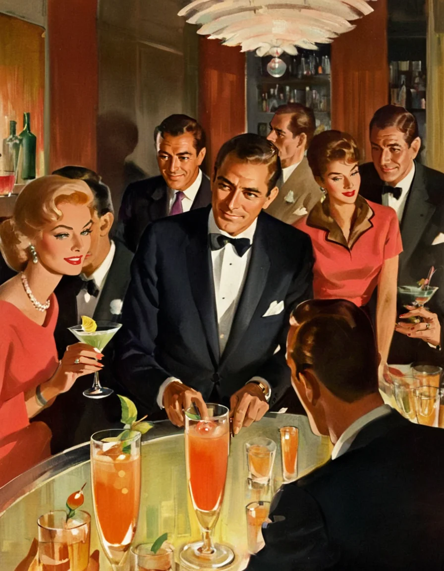 painting by Sundblom of a cocktail party in an Manhattan luxury apartment in 1962, texture, top down, close up <lora:HSundblom1-000003:1>