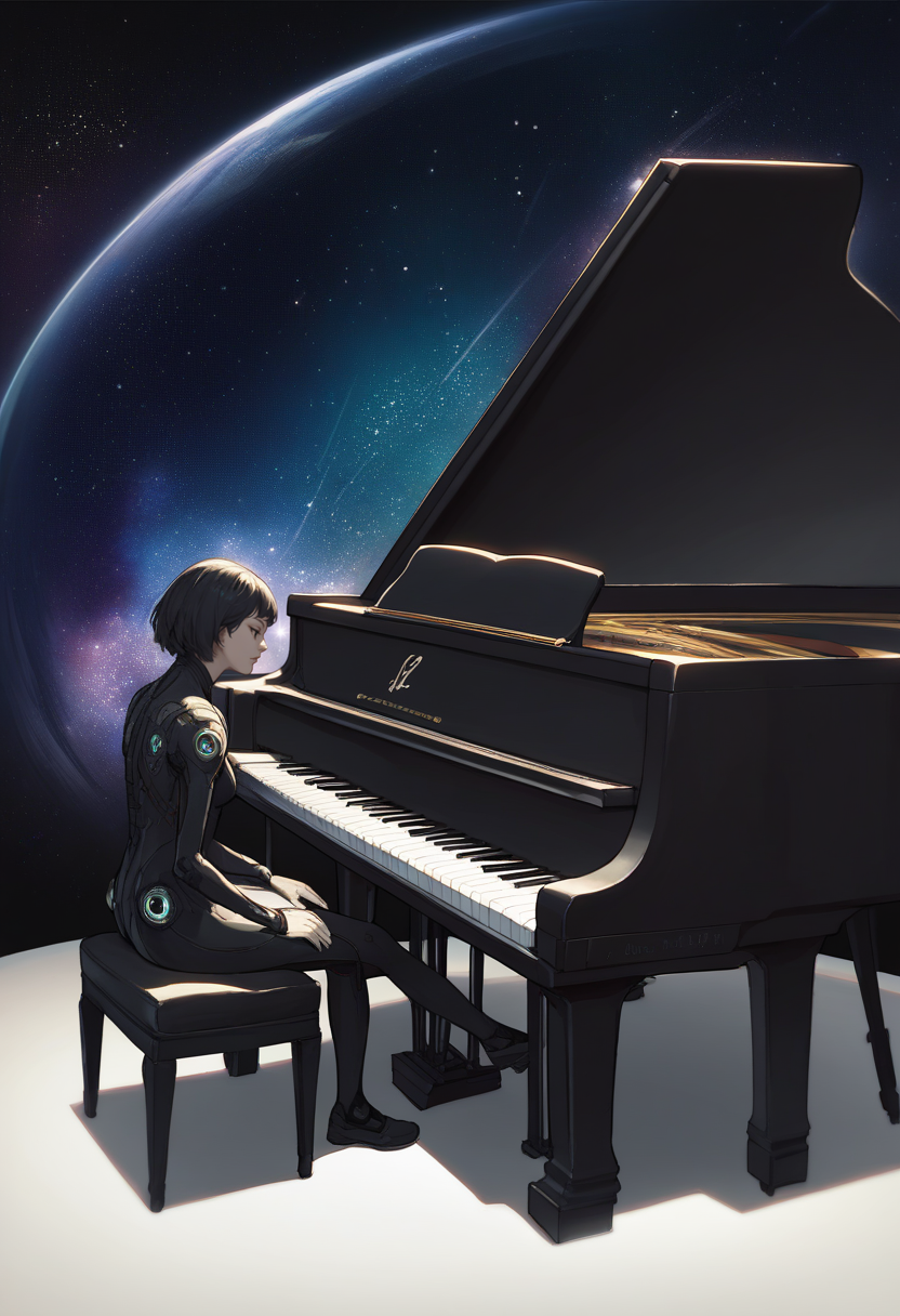 score_9, score_8_up, score_7_up, source_anime BREAK 1girl, solo, black hair, black eyes, black bodysuit, <lora:grandpiano-concept-richy-v1_pdxl:1> grand piano, sitting, playing piano, space, galaxy, nebula, abstract background, black background, black theme, science fiction,