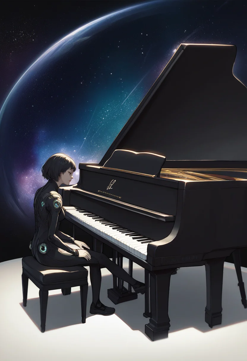 score_9, score_8_up, score_7_up, source_anime BREAK 1girl, solo, black hair, black eyes, black bodysuit, <lora:grandpiano-concept-richy-v1_pdxl:1> grand piano, sitting, playing piano, space, galaxy, nebula, abstract background, black background, black theme, science fiction,