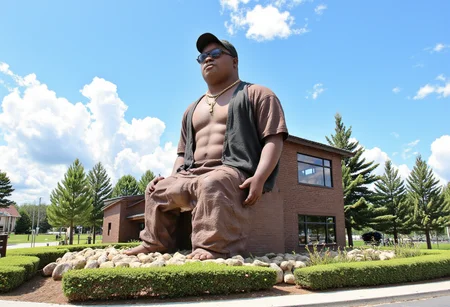 Down syndrome, a novelty architecture building in the shape of a iconic rapper with Down syndrome being falsely accused of a crime. No watermark, no signature, no logo, no deformed hands.